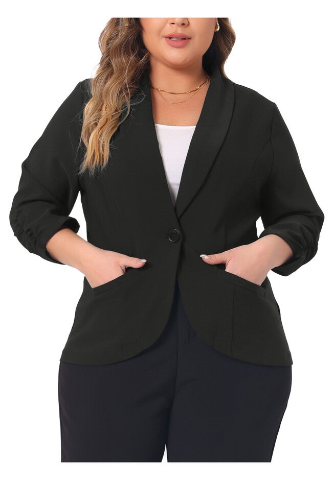3/4 RUCHED SLEEVE OPEN FRONT LIGHTWEIGHT WORK BLAZER, Black / Black, alternate image number 1