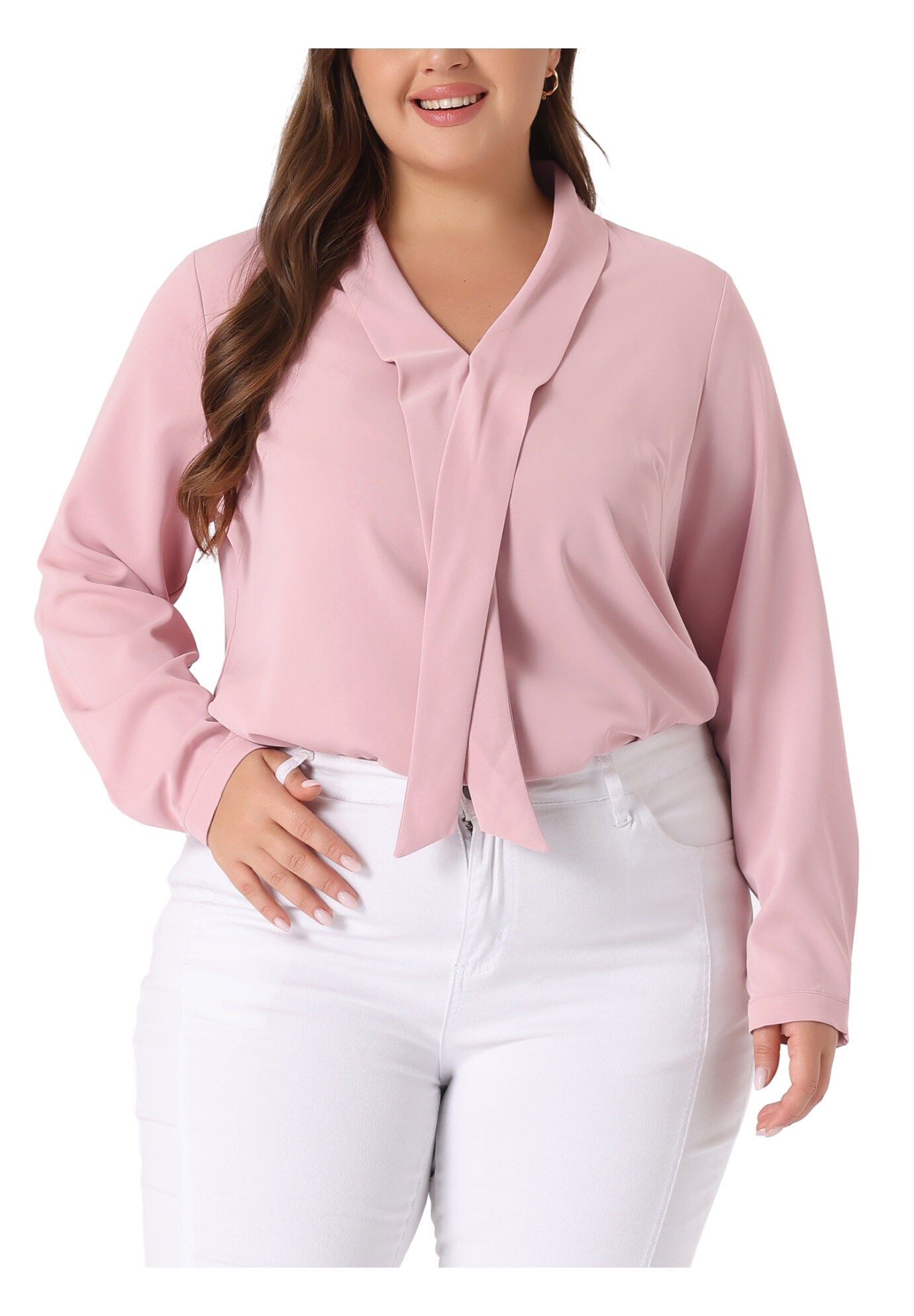 Long Sleeve Tie V Neck Chiffon Blouse, Pink / Pink, alternate image number 2
