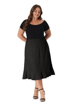 ELASTIC WAIST RUFFLE HEM CHAMBRAY MIDI SKIRT