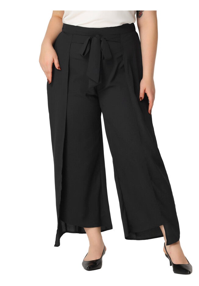 CHIFFON HIGH WAIST TIE FRONT SPLIT FLOWY WIDE LEG PALAZZO PANTS, Black / Black, alternate image number 2