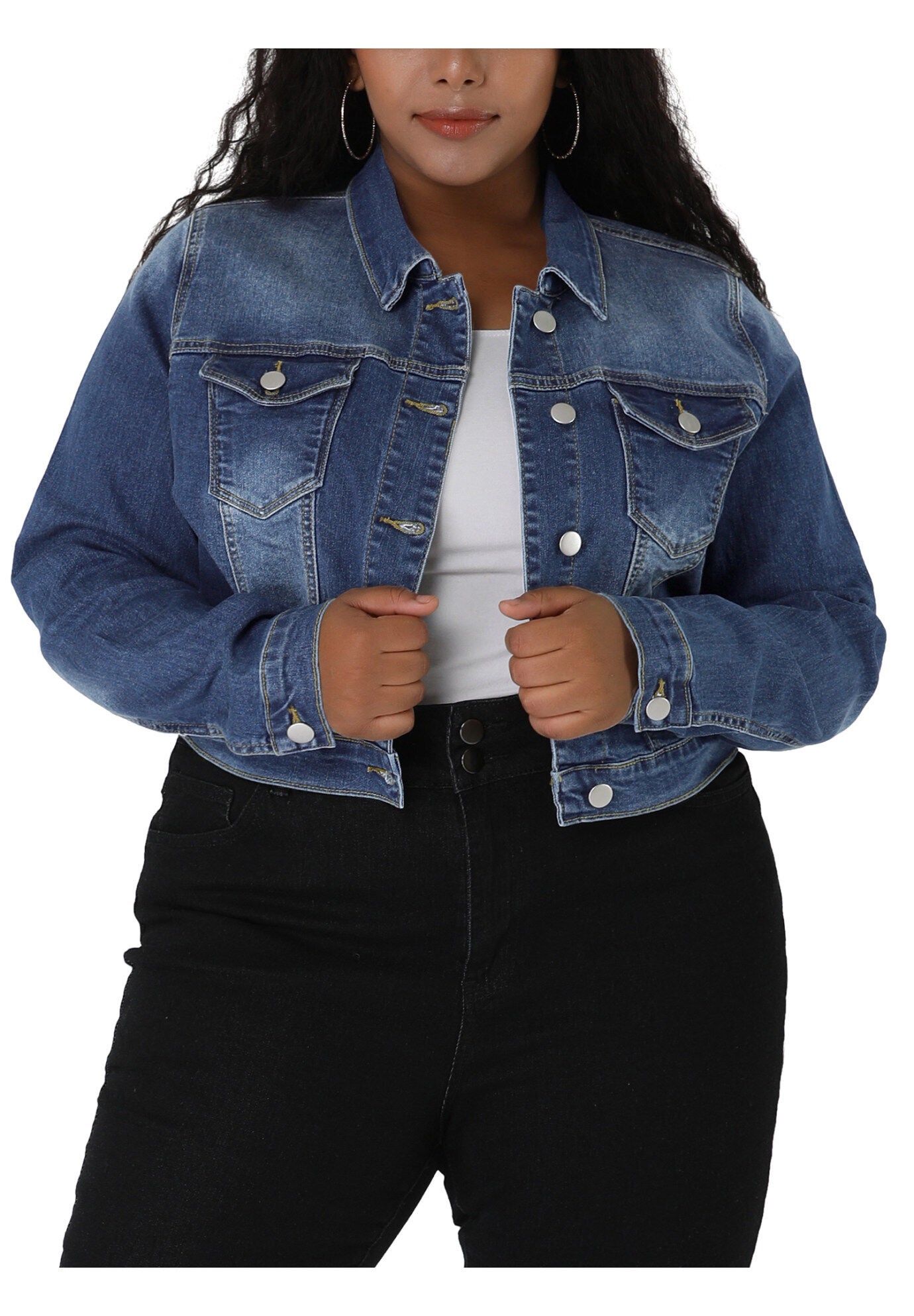 BUTTON CLOSED CROPPED DENIM JACKET, Blue / Light Blue, alternate image number 1