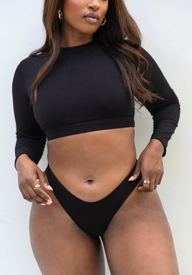 Essential Long Sleeve Crew Swim Top, Black / Black, alternate image number 2