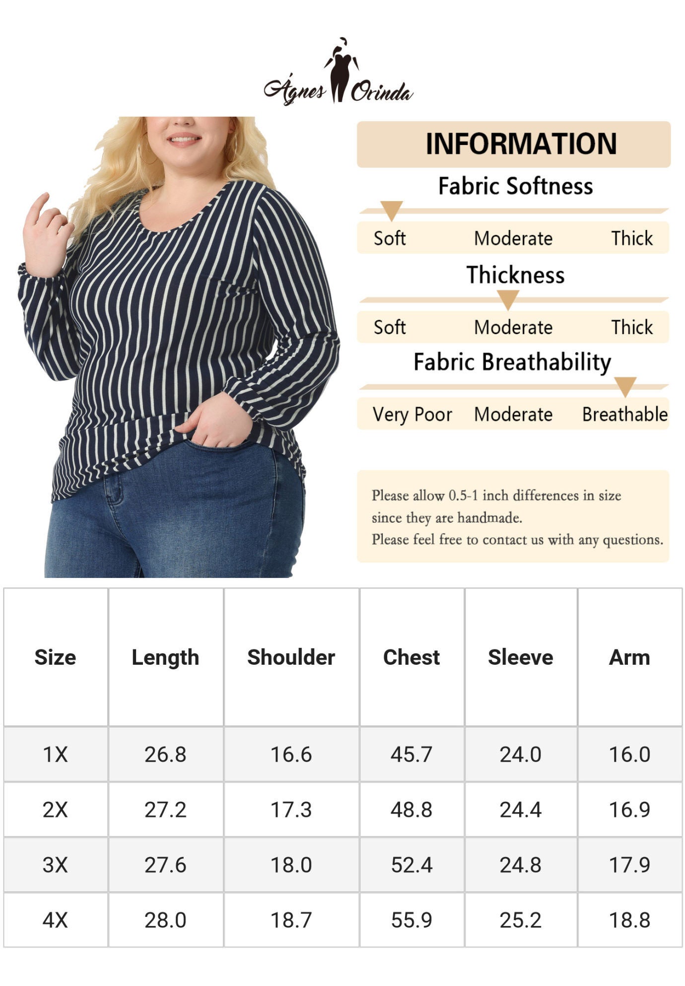 Boho Color Block Elastic Cuff Long Sleeve Striped Top, Navy Blue / Navy, alternate image number 4