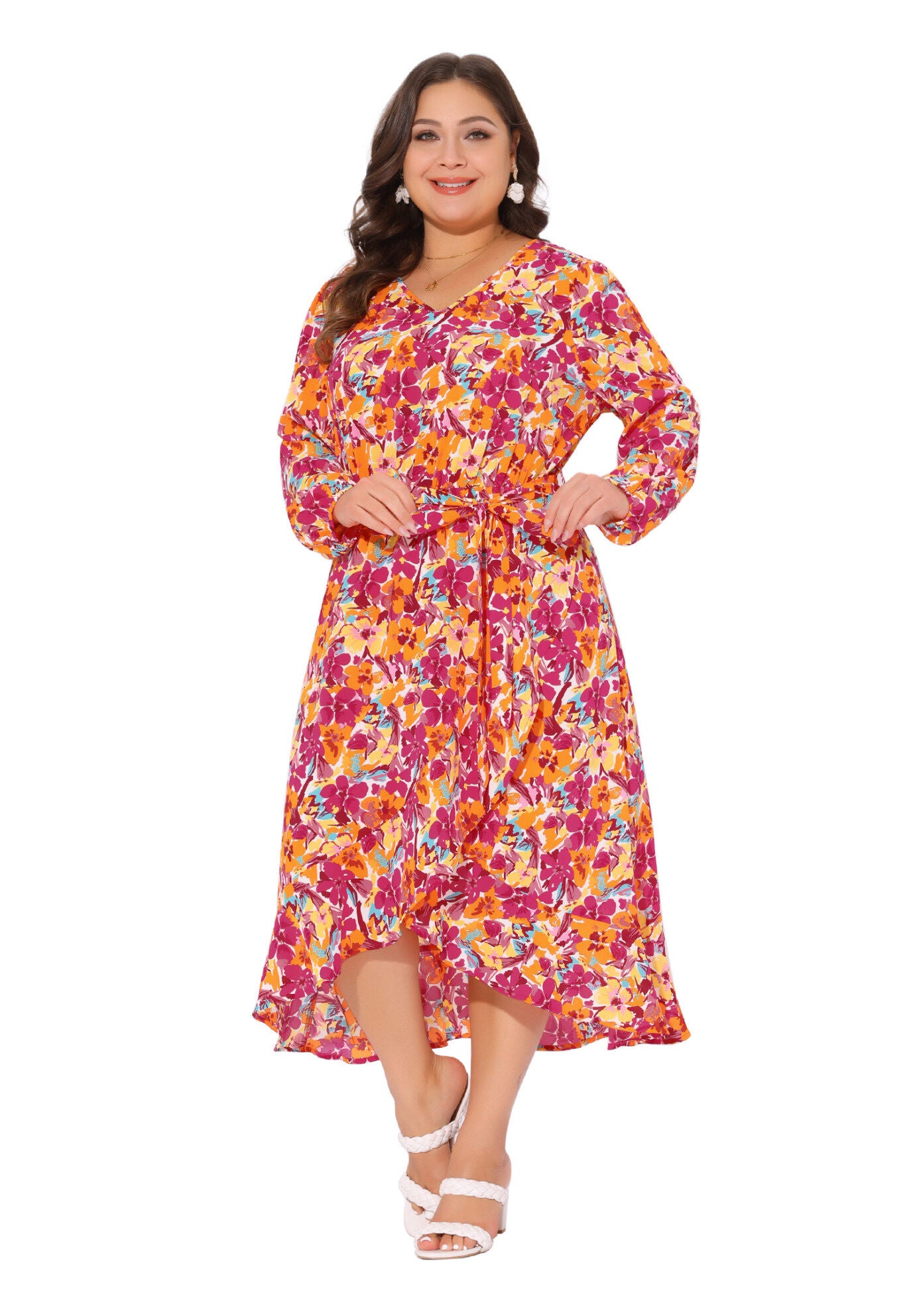 V Neck Long Sleeve Ruffle Chiffon Flowy Floral Maxi Dress with Belt, Orange / Orange, hi-res image number 0