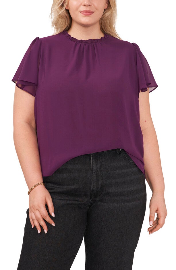 S/S SHIRRED CREWNECK TOP, PLUM PURPLE / Purple, hi-res image number 0