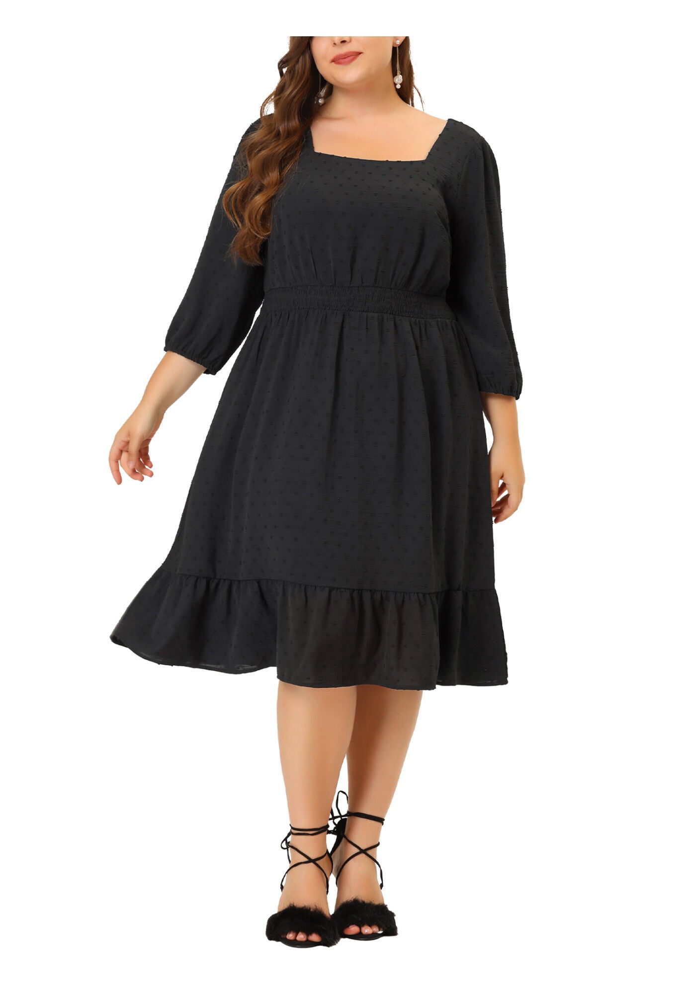 Swiss Dots Bohemian Square Neck Midi Chiffon Dress, Black / Black, alternate image number 1