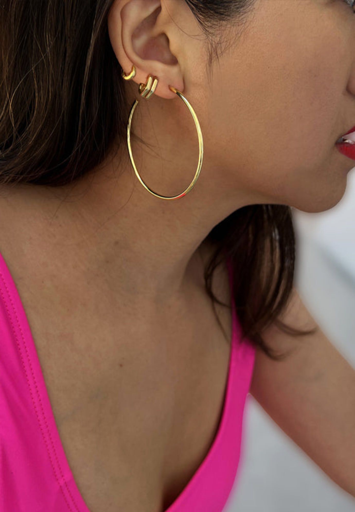 FUTURISTIC Double Hexagon Chubby Huggies | 18K Gold Over Sterling Silver, Gold / Gold, alternate image number 3