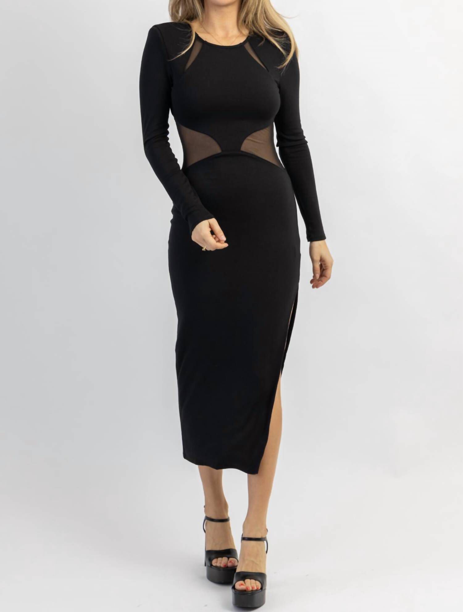CLEAN LINES MESH BACKLESS MIDI DRESS IN BLACK, Black / Black, alternate image number 2