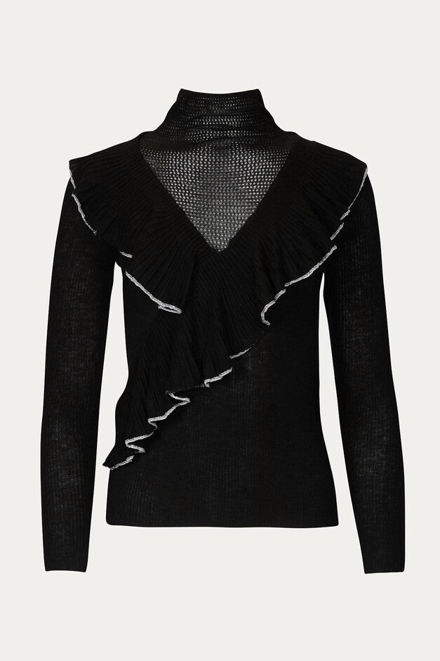 CALISTA LAYERED-EFFECT RUFFLED TURTLENECK TOP IN BLACK, Black / Black, alternate image number 1