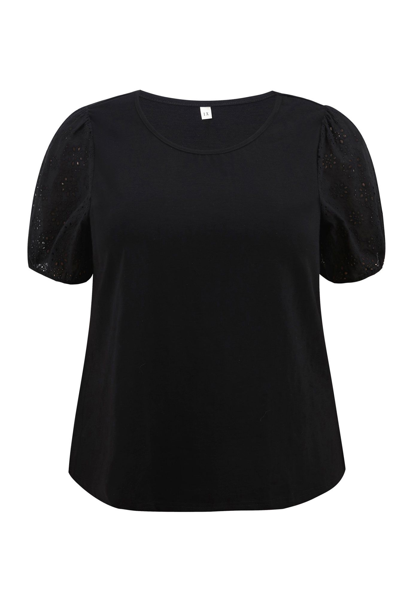 Round Neck Embroidered Panel Hollow Puff Short Sleeve Blouse, Black / Black, alternate image number 3