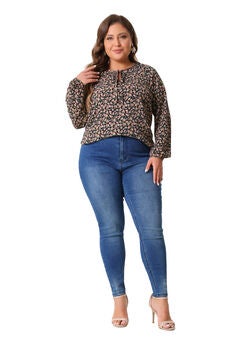 Round Neck Drawstring Long Sleeve Floral Blouse