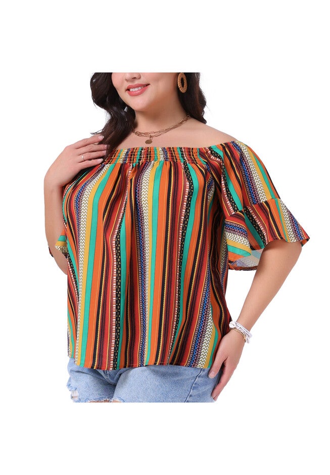 Boho Off Shoulder Short Sleeve Striped Top, Orange / Burnt Orange, alternate image number 1