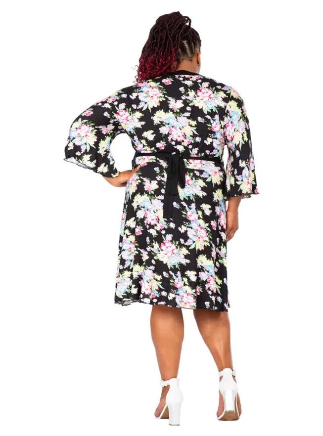 Vienna Women's Plus Size Spring Floral Print Bell Sleeves V Neck Casual Flowy Mini Dress, Black Floral / Black, alternate image number 1