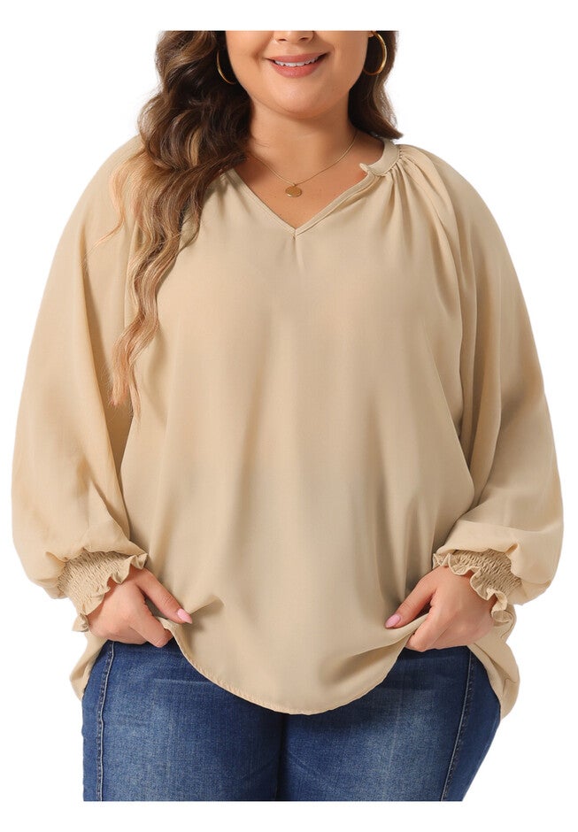 Puff Long Sleeve V-Neck Ruffle Cuffs Blouse, Dark Beige / Beige, alternate image number 2