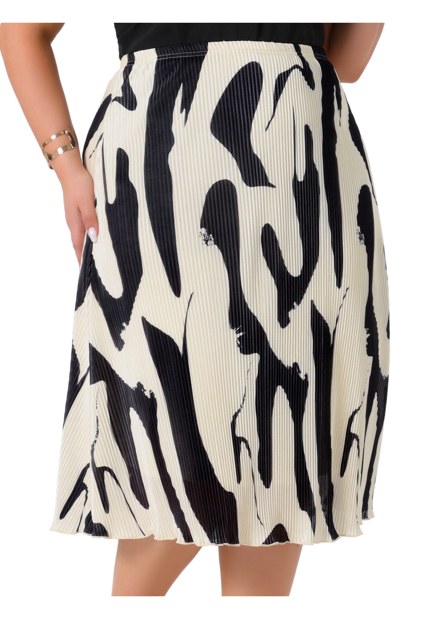 Print Pleated High Waisted A-Line Midi Skirt, Black / Black, alternate image number 4