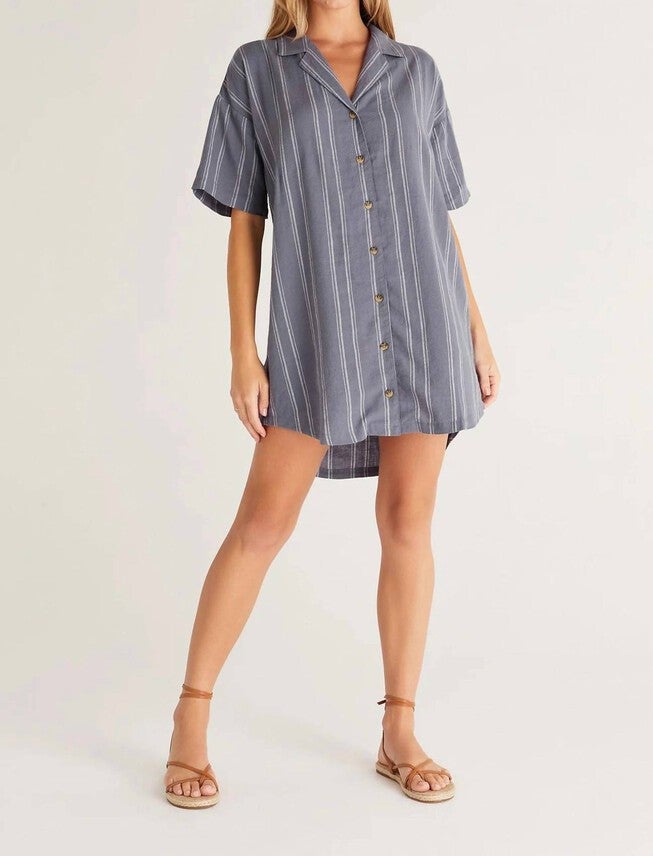 JAMES EASY STRIPED DRESS IN WORN INDIGO, Worn Indigo / Cool Gray, hi-res image number 0