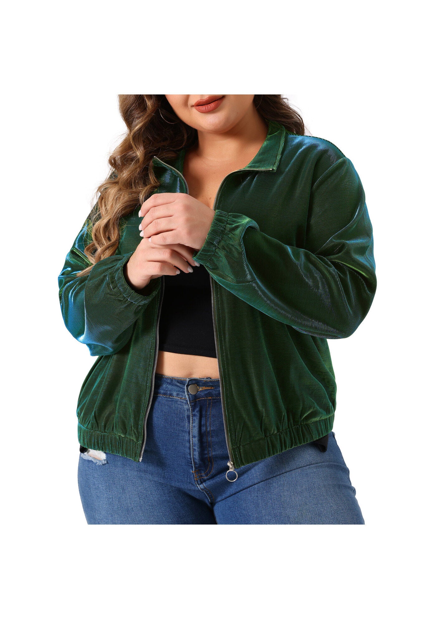 HOLOGRAPHIC MESH LONG SLEEVE ZIP UP JACKET, Green / Forest Green, alternate image number 1