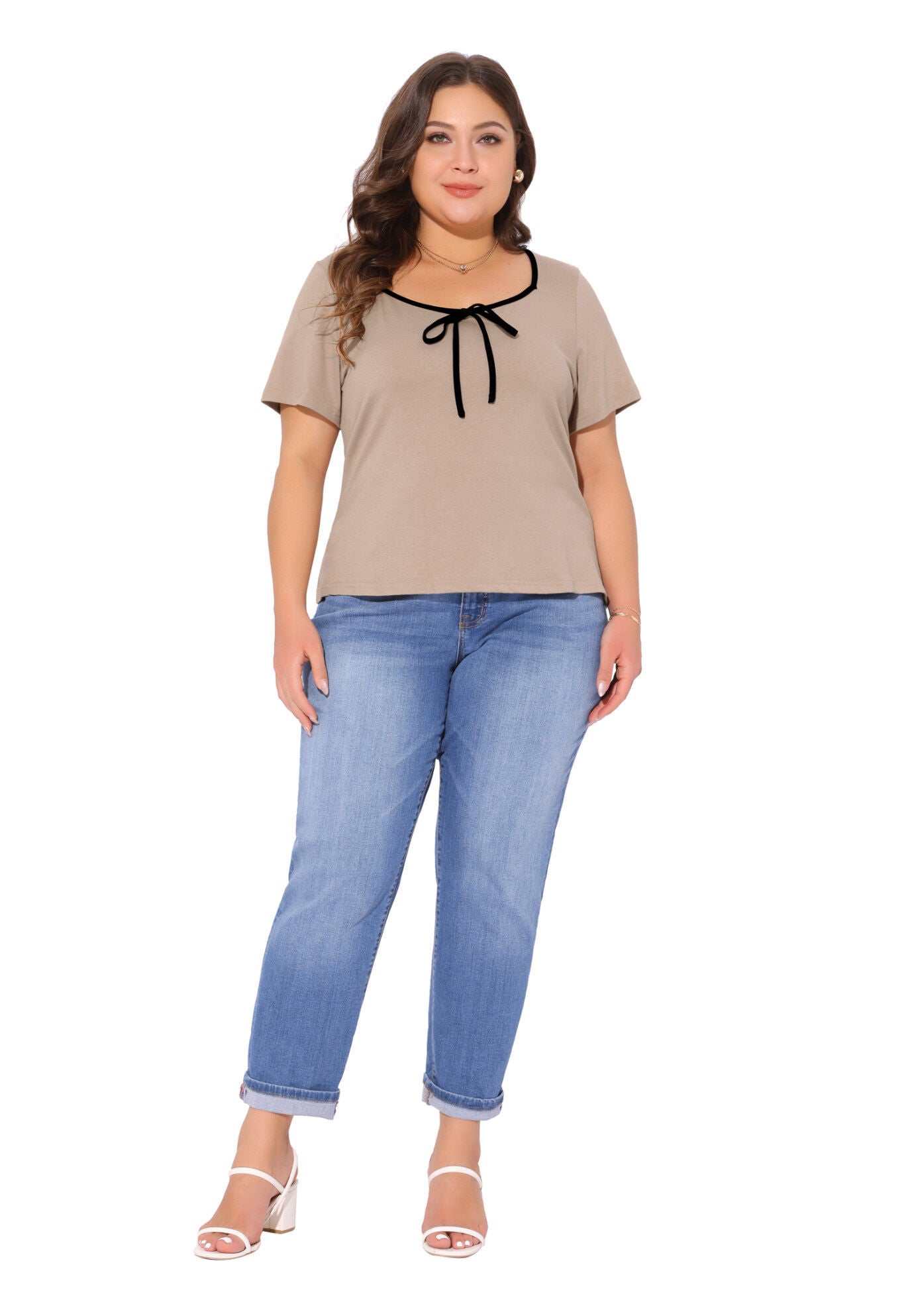 Sweetheart Neck Contrast Trim Tie Knot Short Sleeve T-Shirt, Camel / Beige, hi-res image number 0