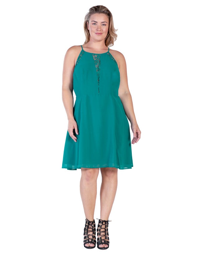 Axel Womens Plus Size Lace Trim Sleeveless Midi Dress, HUNTERGREEN / Hunter Green, hi-res image number 0