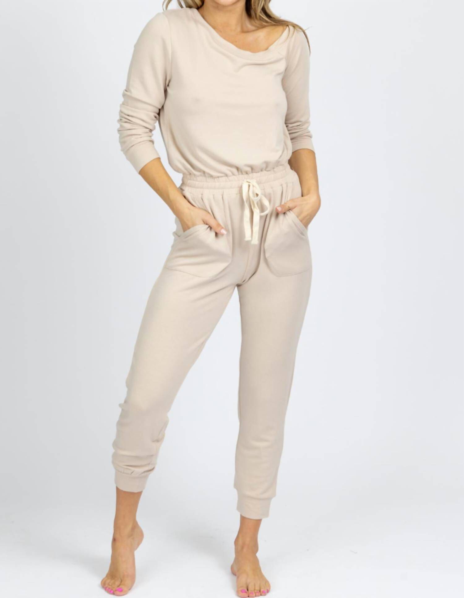 Butter Soft Drawstring Jumpsuit, Taupe / Beige, hi-res image number 0