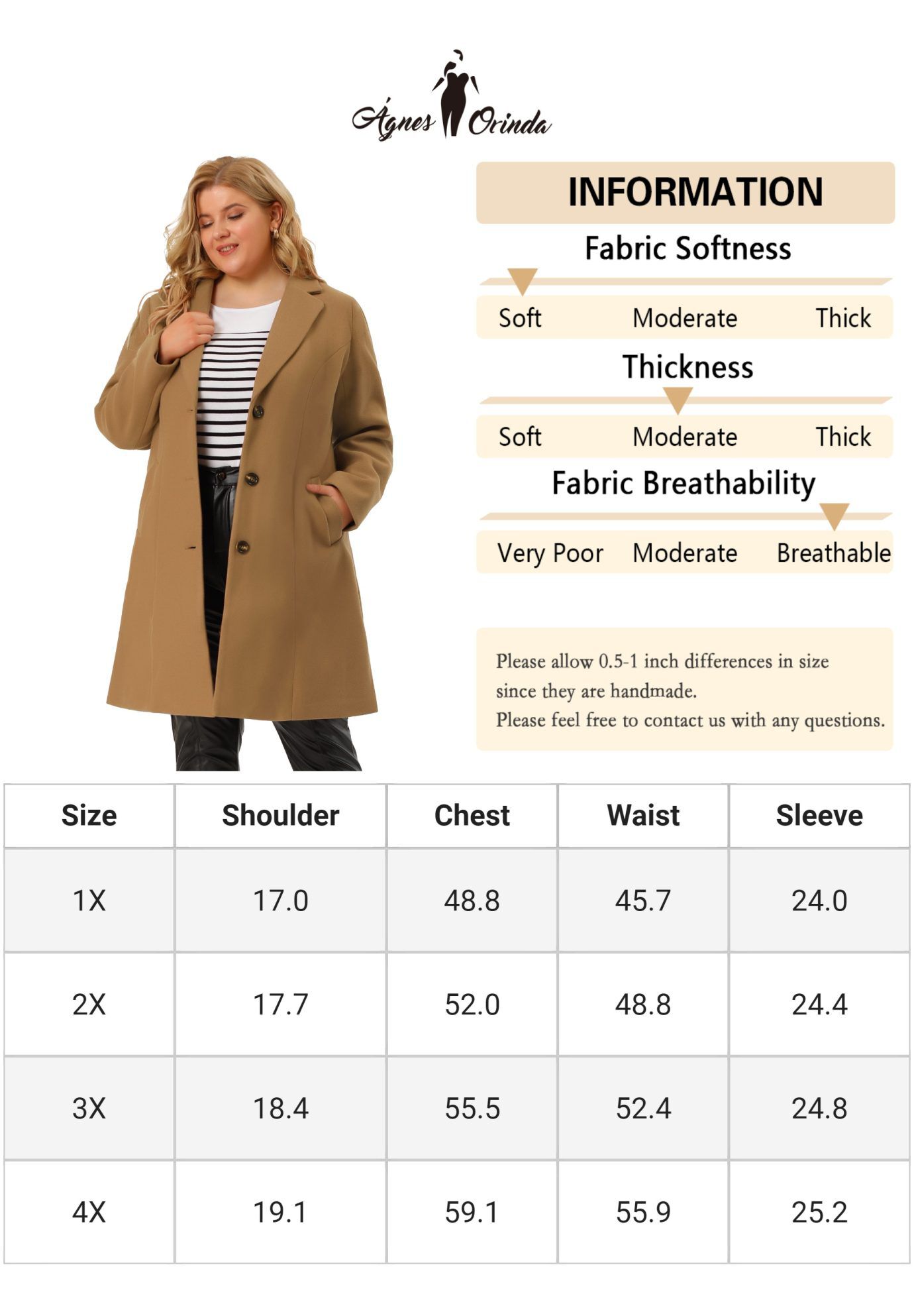 SINGLE BREASTED NOTCHED LAPEL LONG WINTER COAT, Camel / Brown, alternate image number 3