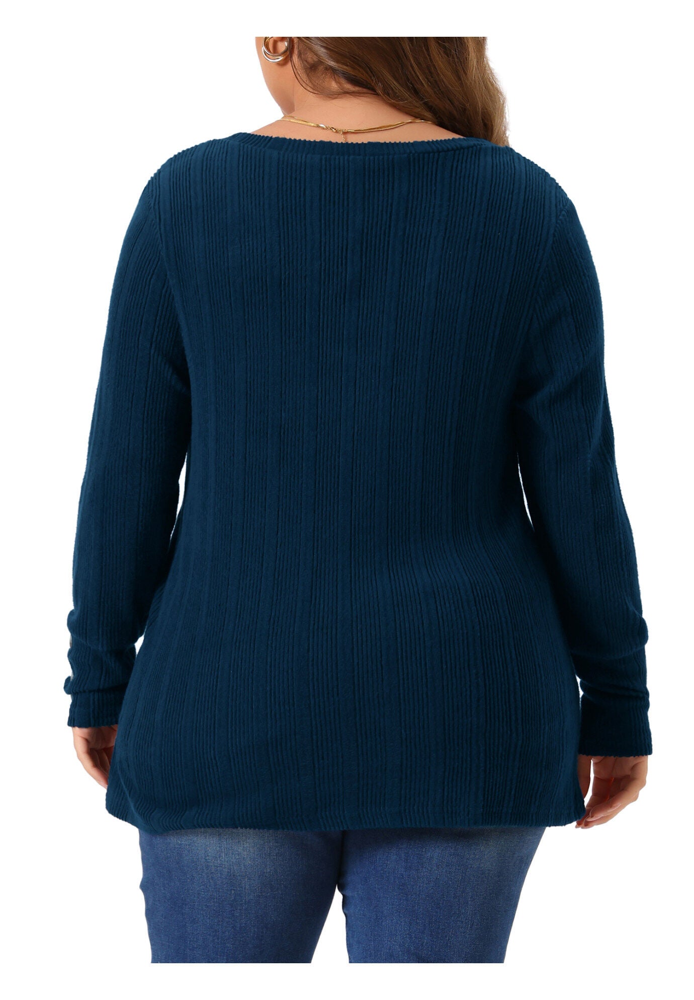 V Neck Button Stretchy Pullover Sweater Knit Top, Navy Blue / Navy, alternate image number 3