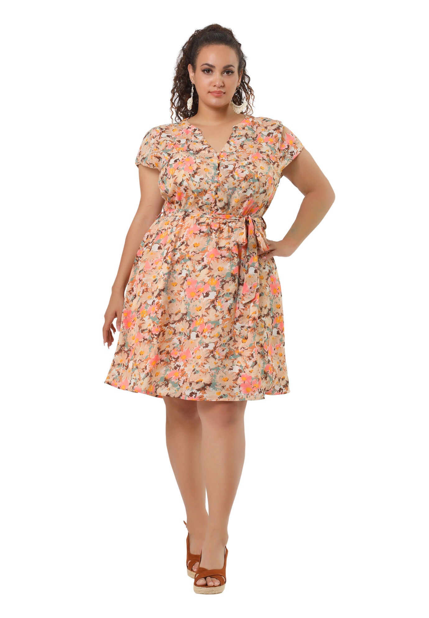 V Neck Belted Summer Floral Dress, Pink / Pink, hi-res image number 0