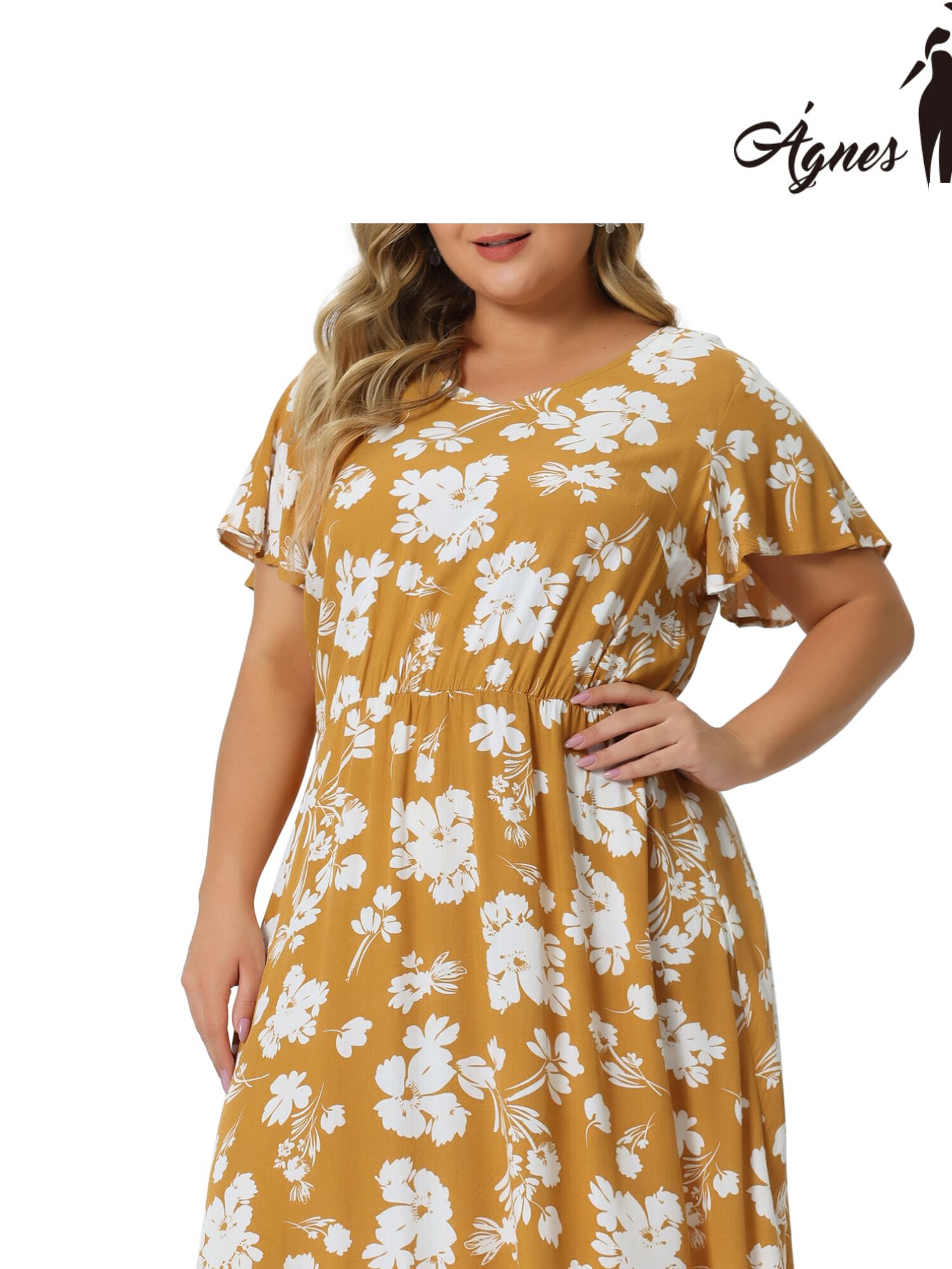 Summer V Neck Flare Sleeve Peplum Midi Ruffle Dress, Yellow / Yellow, alternate image number 1