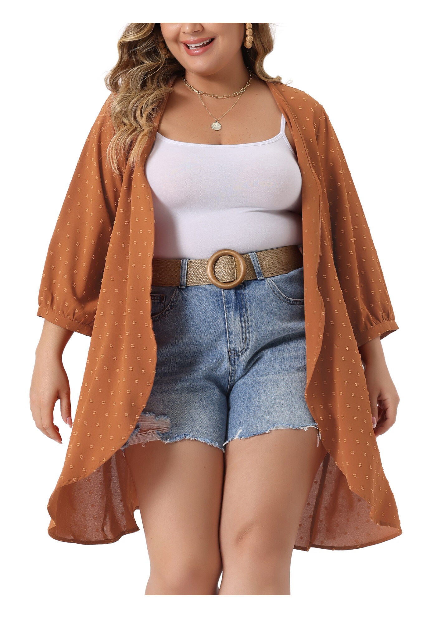 OPEN FRONT 3/4 SLEEVE SWISS DOTS LIGHTWEIGHT COVER UP CARDIGAN, Orange / Orange, alternate image number 2