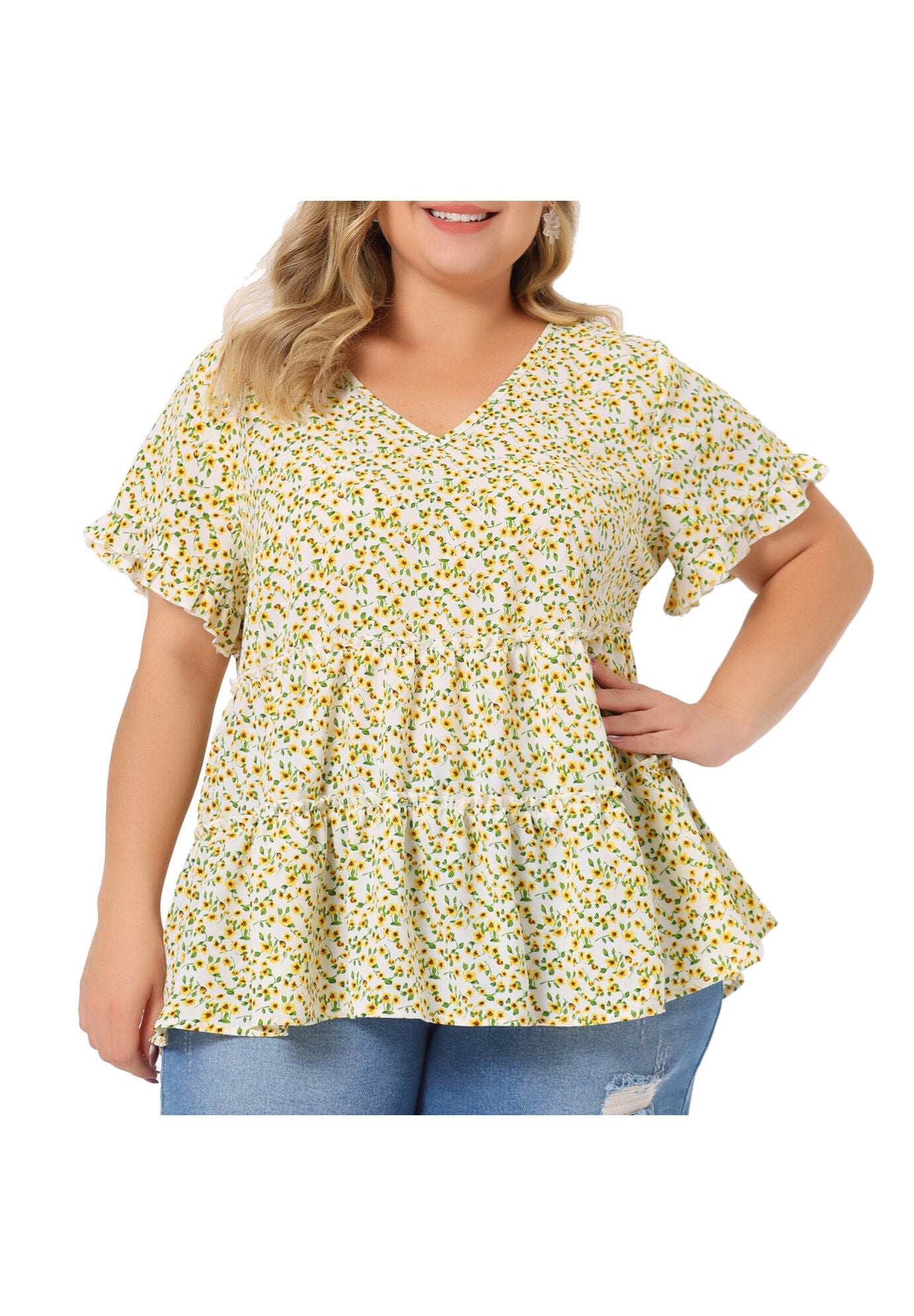 Floral Print V Neck Ruffles Sleeve Tiered Babydoll Blouse, Beige / Beige, alternate image number 2