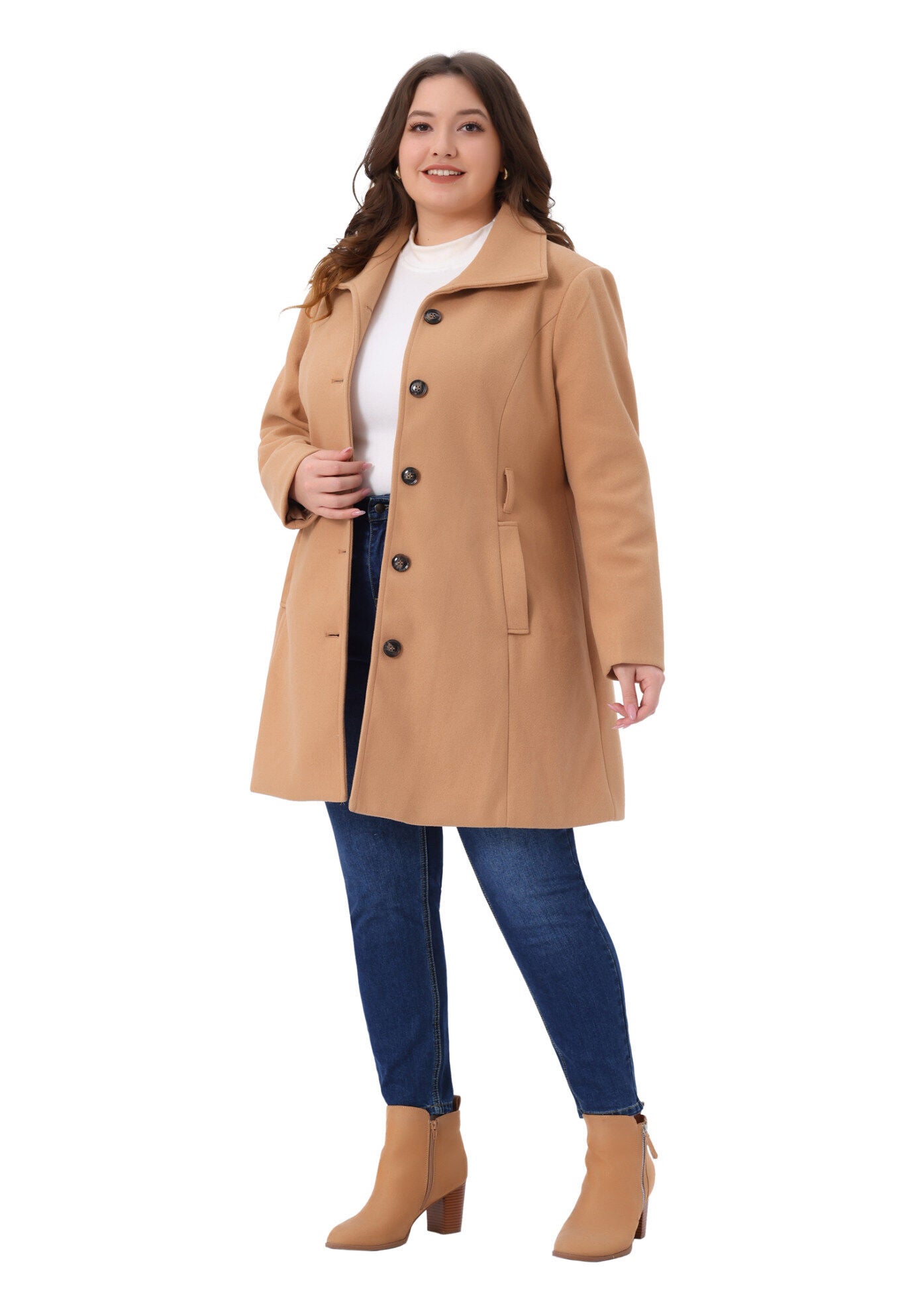Single Breasted Overcoat Pockets Winter Outerwear with Belt, Camel / Brown, hi-res image number 0