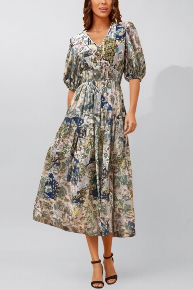 Adeline Bohemian Floral Patchwork Maxi Dress – V-Neck Puff Sleeve Vintage Chic Summer Dress, Blue / Dusty Blue, hi-res image number 0