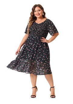 Flare Smock Ruffle Chiffon Floral Midi Dress