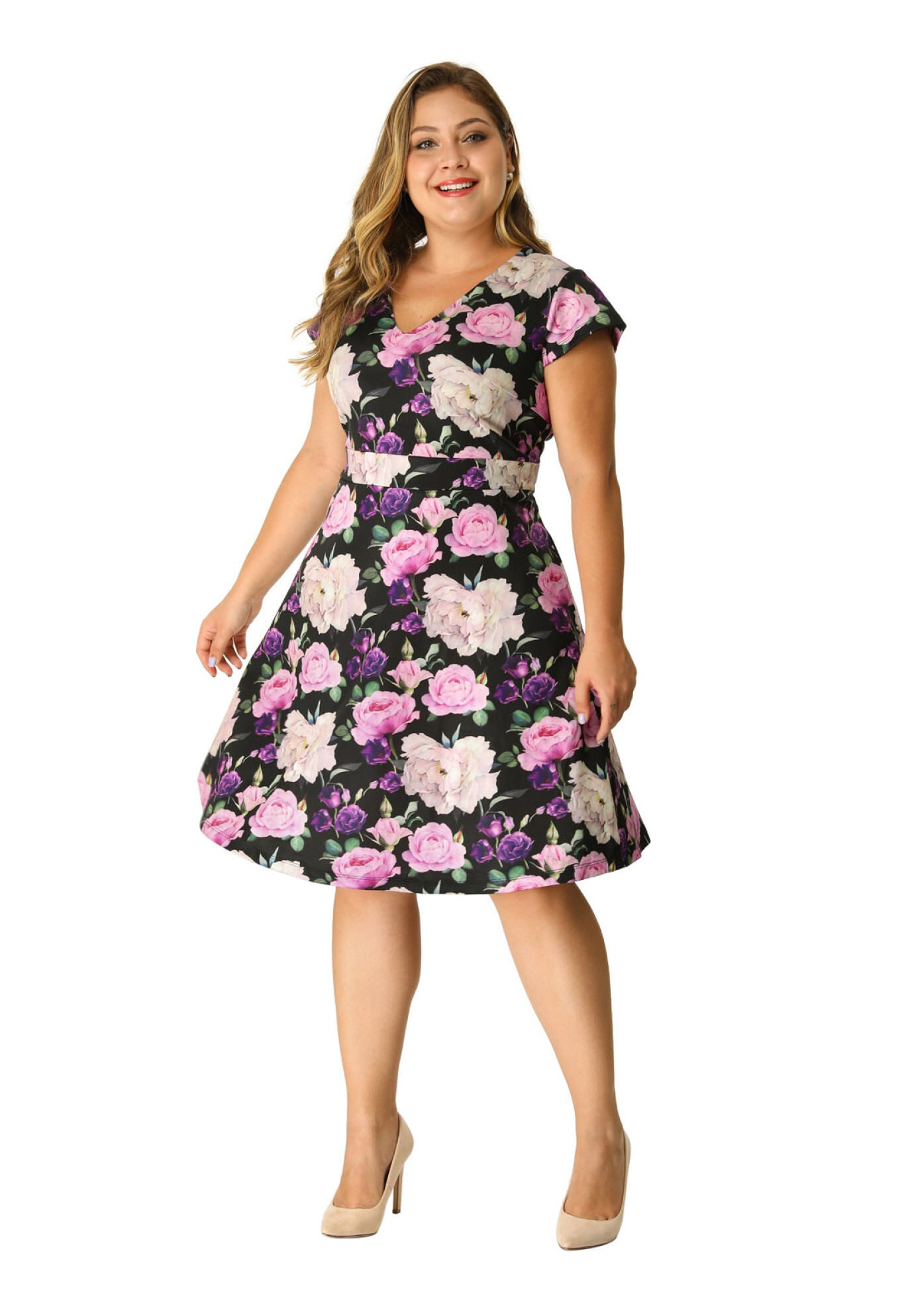 Deep V Neck Above Knee Cap Sleeve Floral Dress, Black / Black, alternate image number 2