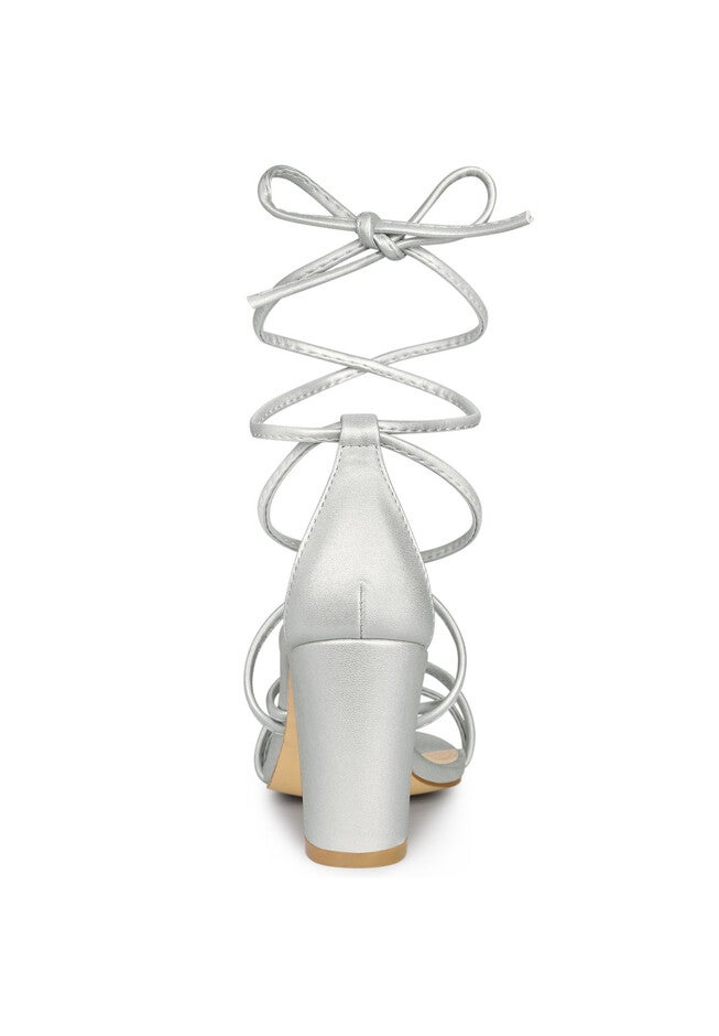 Strappy Lace Up Chunky Heeled Heels Sandals, Silver / Silver, alternate image number 2