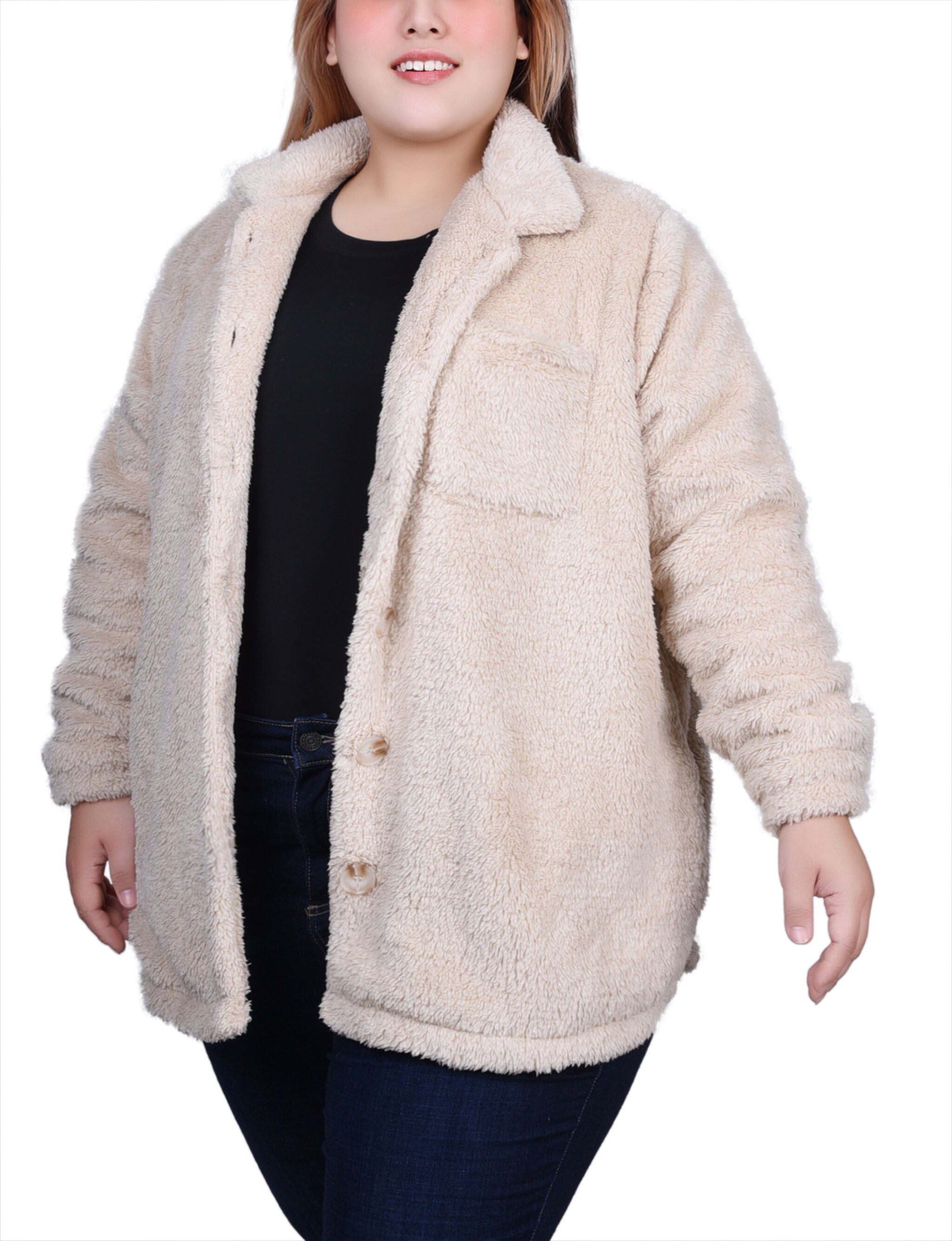 Long Sleeve Button Front Sherpa Jacket, , alternate image number 3
