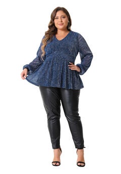 Glitter Sequin V-Neck Waist Pleat Blouse Lantern Sleeve Peplum Top