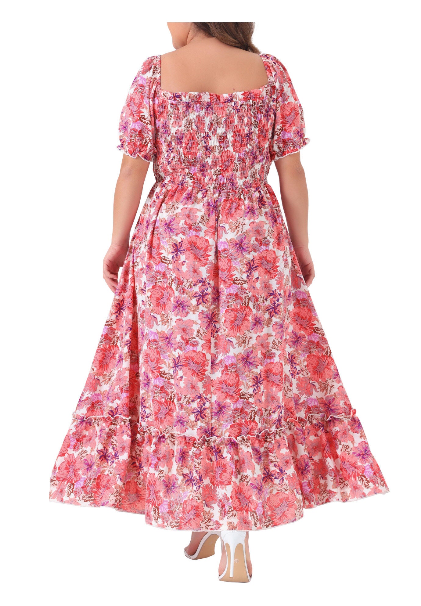 Short Sleeve Shirred Square Neck Floral Maxi Dress, Hot Pink / Deep Fuchsia, alternate image number 3
