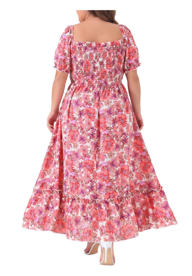 Short Sleeve Shirred Square Neck Floral Maxi Dress, Hot Pink / Deep Fuchsia, alternate image number 3