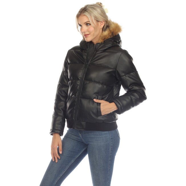 Women's Removable Fur Hoodie Bomber Leather Jacket, , alternate image number null