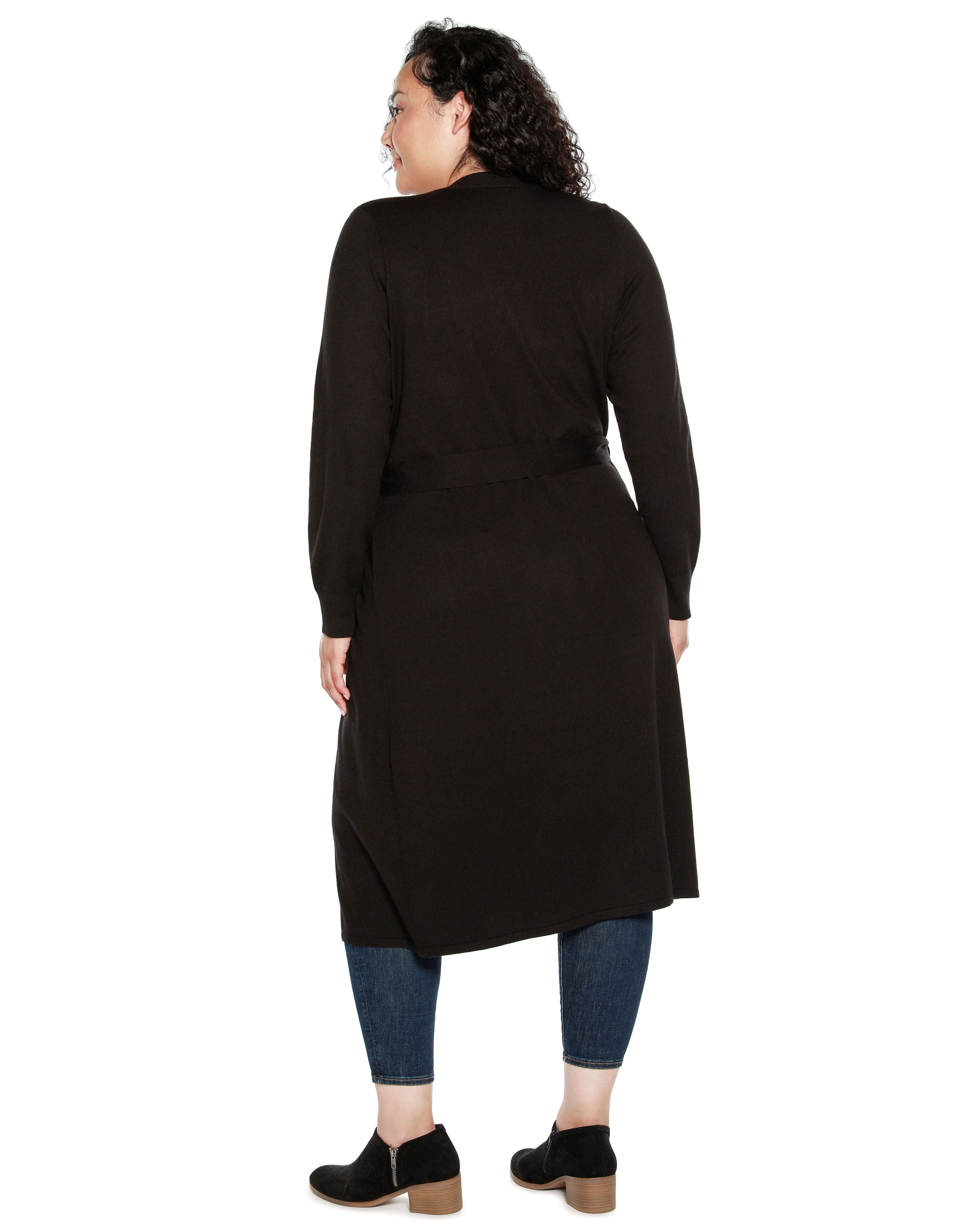 RHINESTONE-TRIM BELTED DUSTER CARDIGAN, Black / Black, alternate image number 1