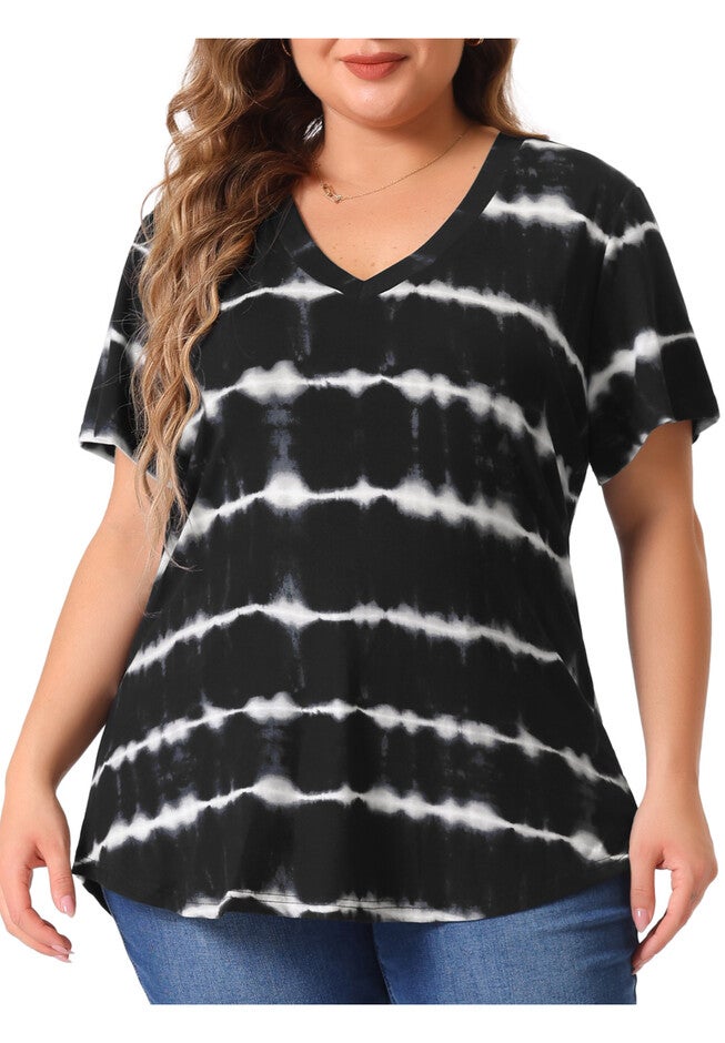 V Neck Short Sleeve Tie Dye Summer Top, Black / Black, alternate image number null