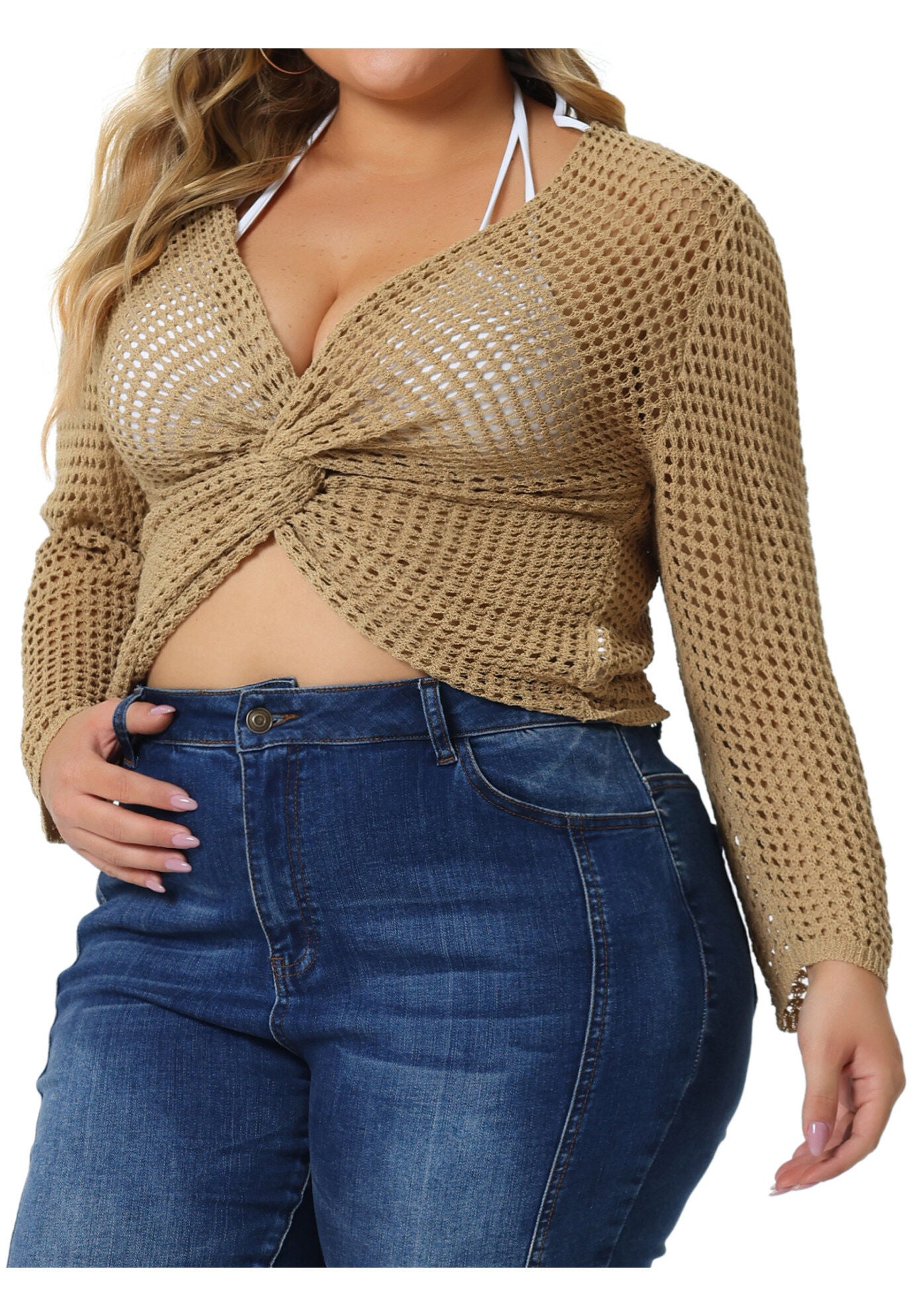 Mesh Crochet Crop Top Hollow Out Knit See Through Cover Up, Light Camel / Brown, alternate image number 1