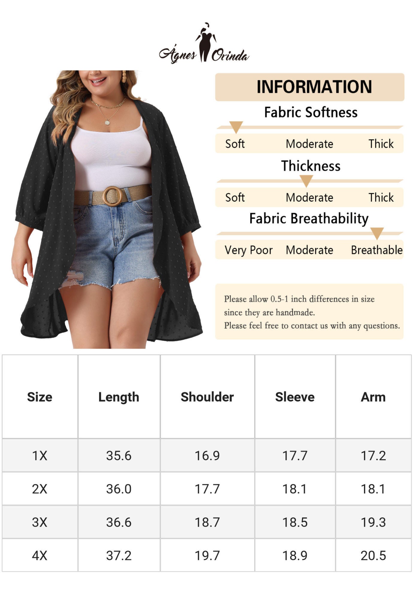 OPEN FRONT 3/4 SLEEVE SWISS DOTS LIGHTWEIGHT COVER UP CARDIGAN, Black / Black, alternate image number 4