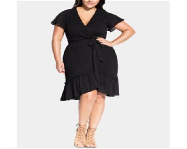 City Chic Women's Trendy Plus Striped Faux Wrap Fit & Flare Dress Black Size XS/14, Black / Black, hi-res image number 0