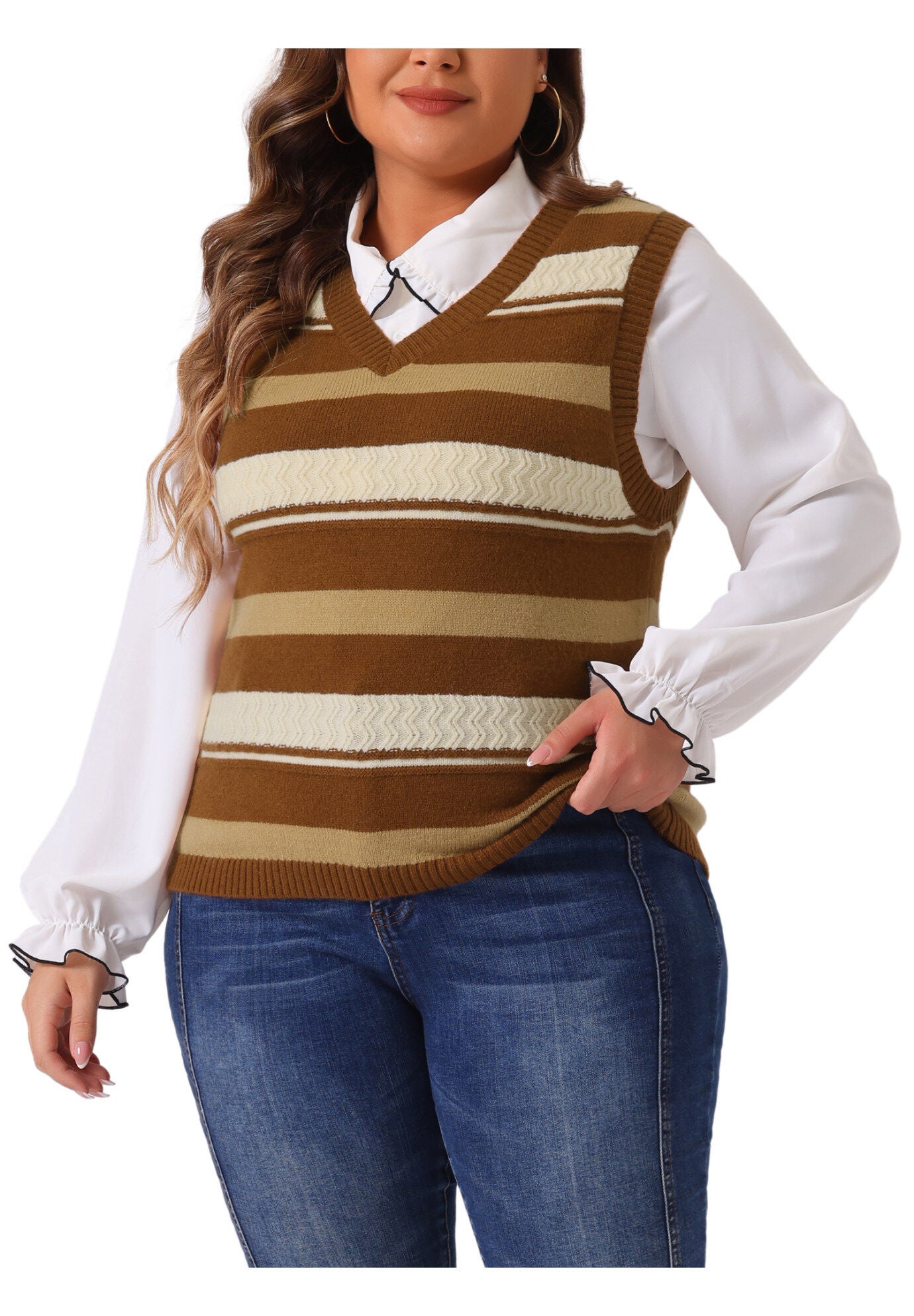 V Neck Striped Knit Casual Pullover Sweater Vest, Brown / Brown, alternate image number 1