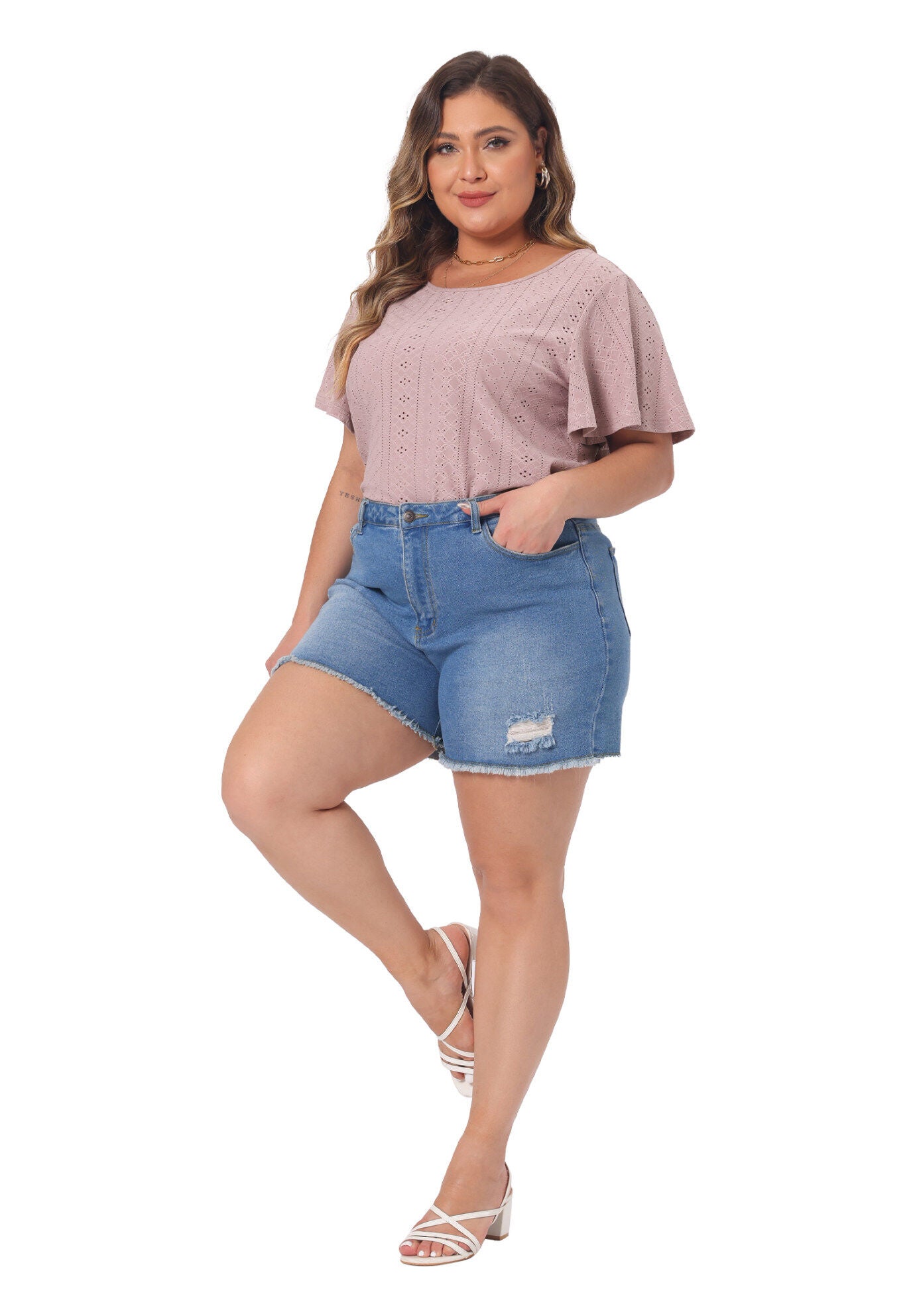 V NECK LOOSE FIT RUFFLE SLEEVE SUMMER HOLLOW TOP, Pink / Pink, hi-res image number 0