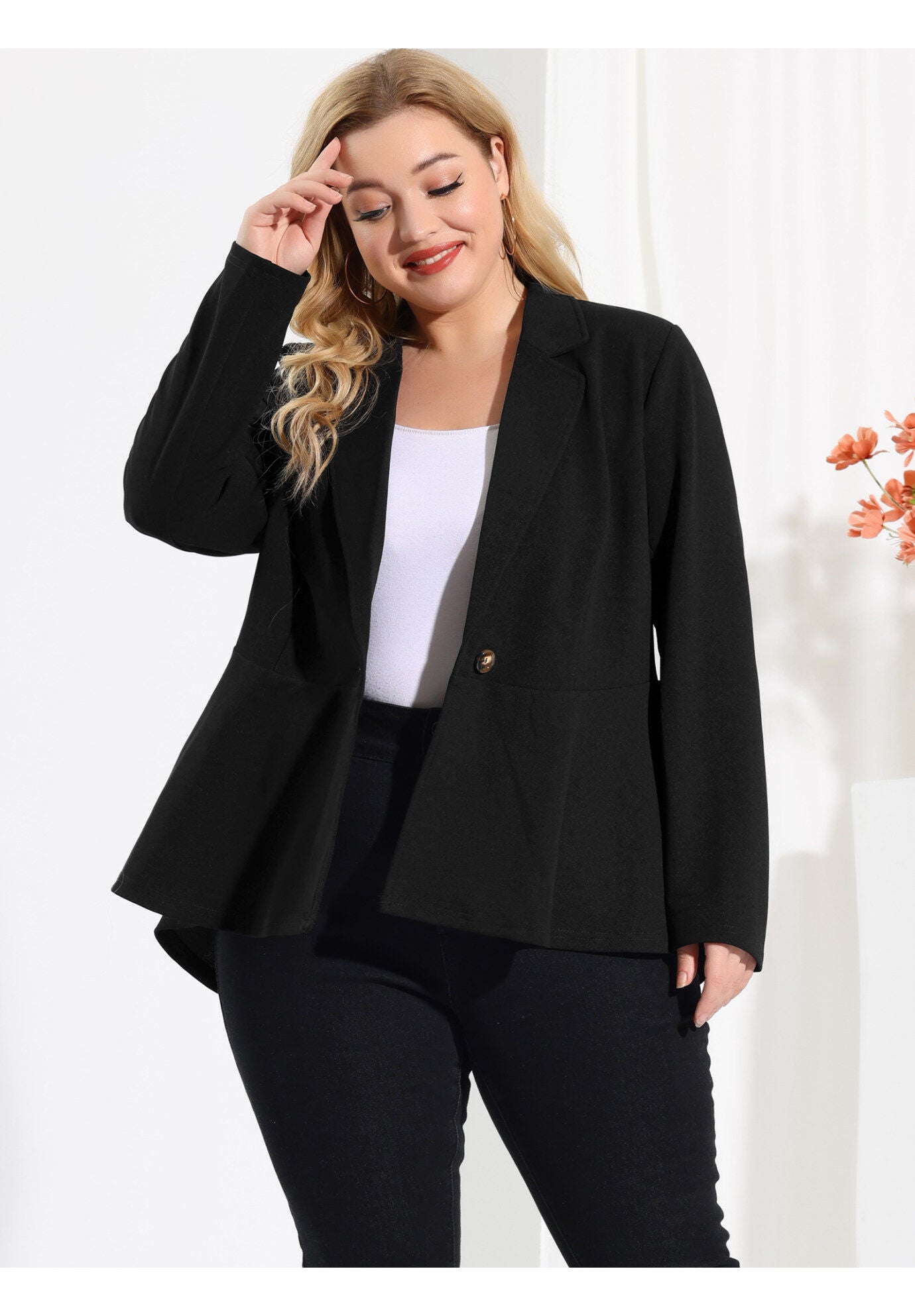 RUFFLE V NECK BUTTON NOTCH PANEL PEPLUM BLAZER, Black / Black, alternate image number 1