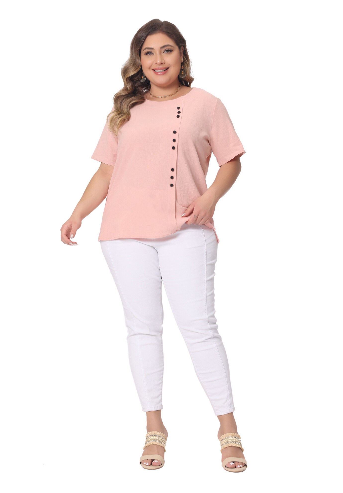 Short Sleeve Round Neck Cotton Linen T-Shirt Top, Pink / Pink, hi-res image number 0