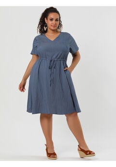V Neck Short Sleeve A Line Flowy Midi Chambray Dress